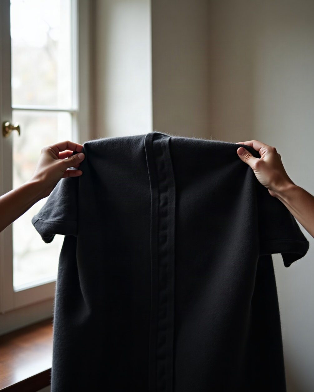 Hands holding up a folded dark wool garment toward a window, fabric texture in sharp focus