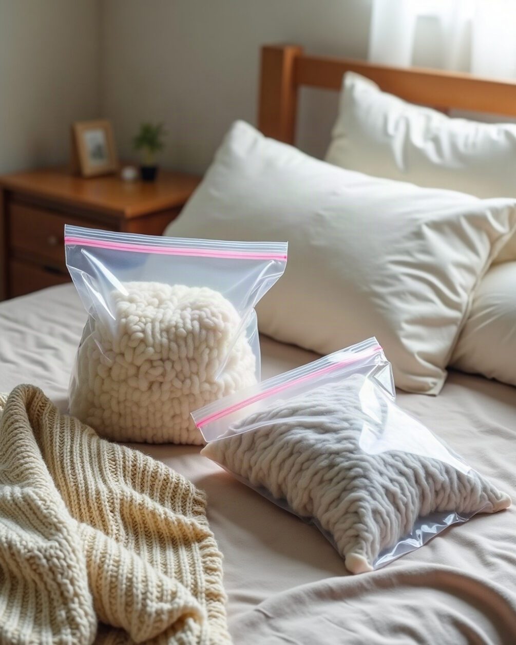 Clear zip storage bags and a cedar block laid out on a bed beside folded knitwear