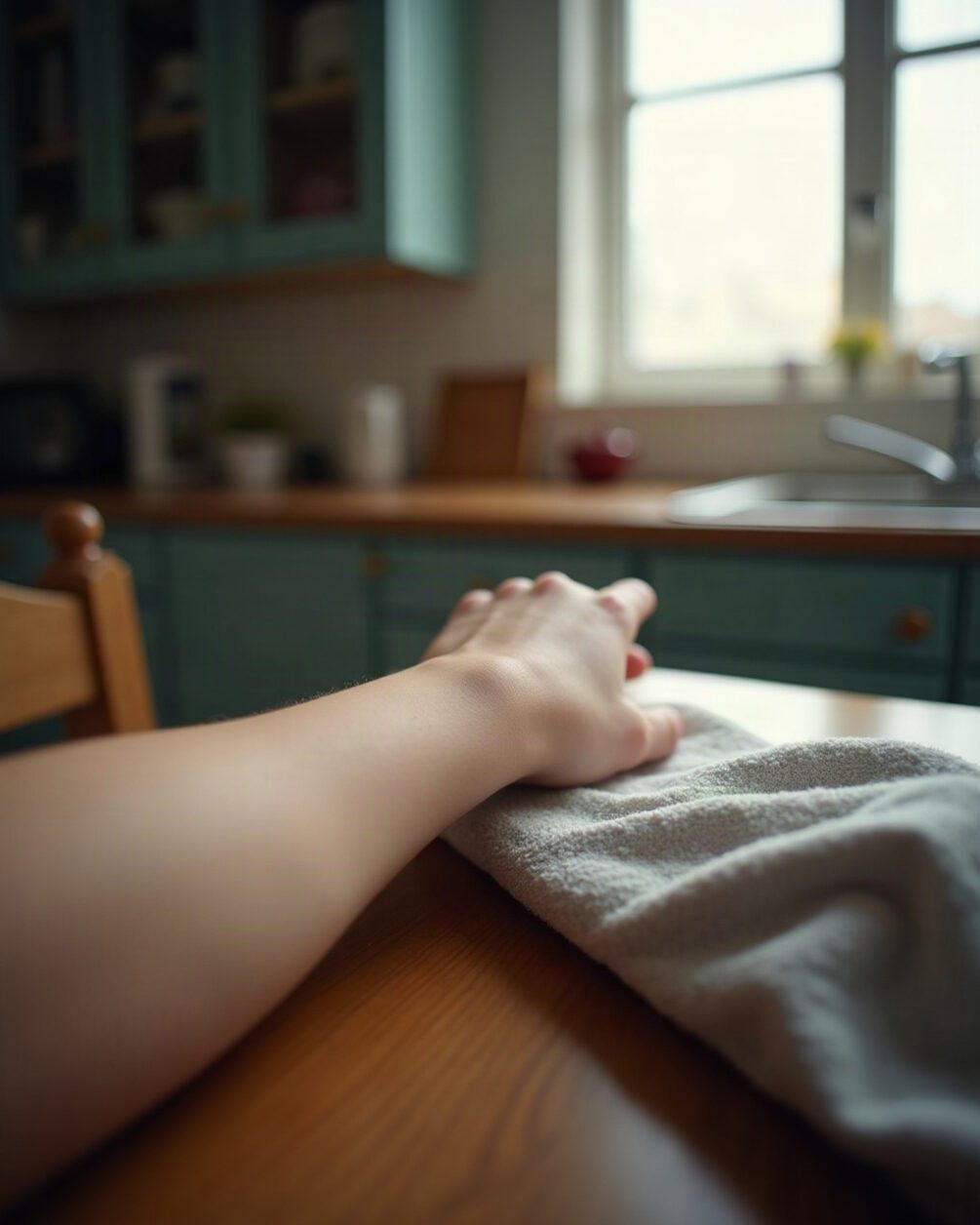 A forearm resting on a kitchen table in soft window light, sleeve pushed up, intact healthy skin