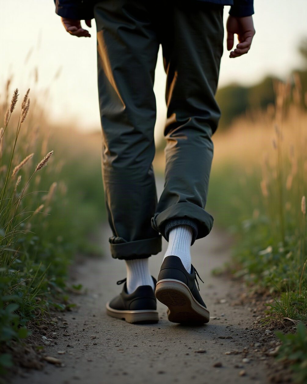 Walking trousers with cuffs tucked into socks beside long grass at the edge of a path, late afternoon outdoor light