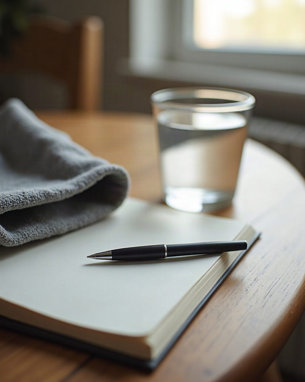 A pen resting on a plain wooden table beside a glass of water and a folded grey cloth