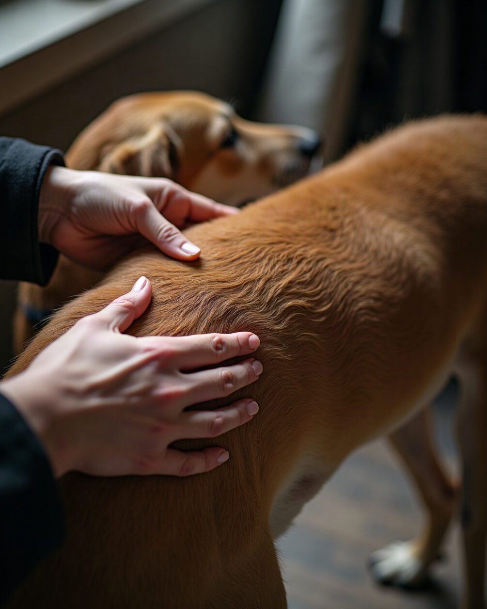 Hands parting the fur on a dog's shoulder in daylight to inspect the skin beneath, calm domestic setting
