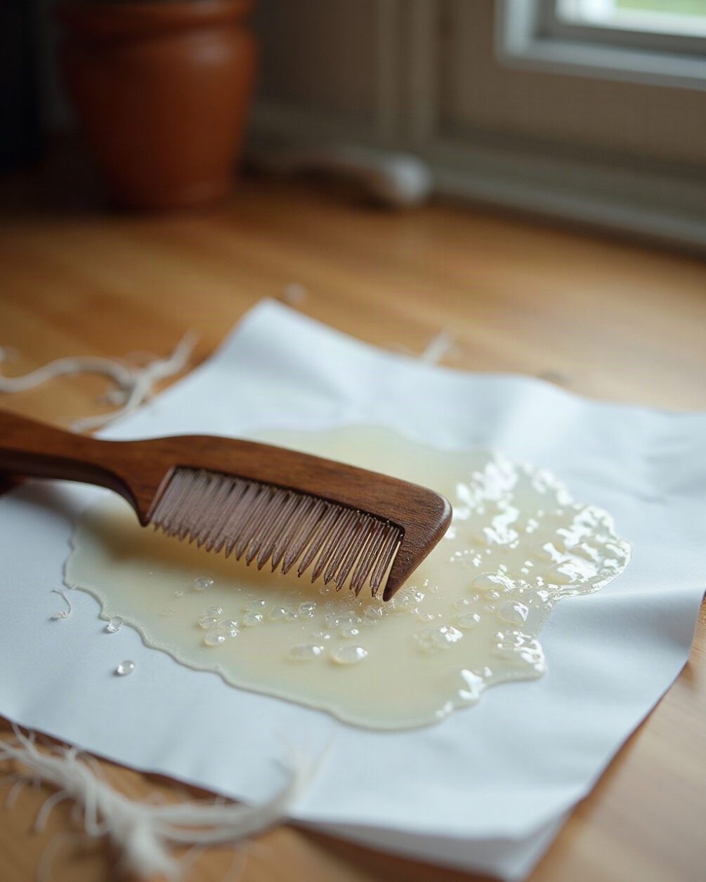 A fine-toothed comb being wiped onto a sheet of damp white paper over a kitchen counter, loose pale hair visible