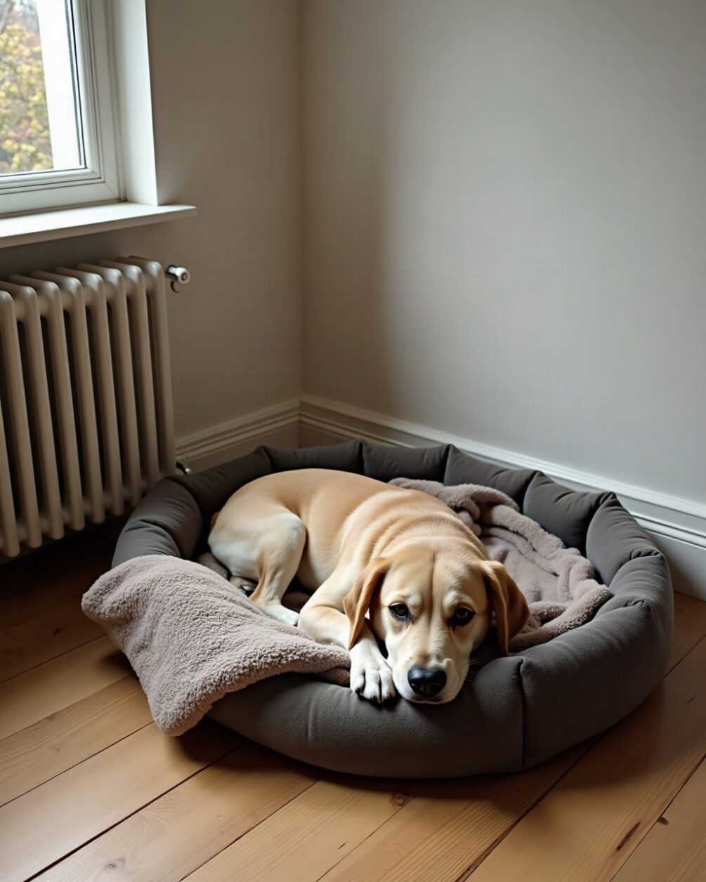 A dog bed and folded blanket on a wooden floor beside a radiator, plain domestic interior