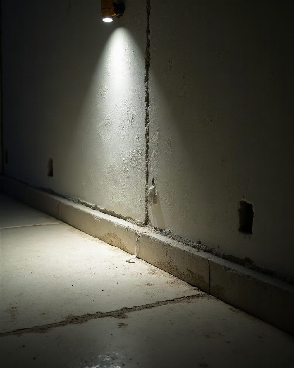 Basement or utility room floor meeting a concrete wall, a faint damp line on the render