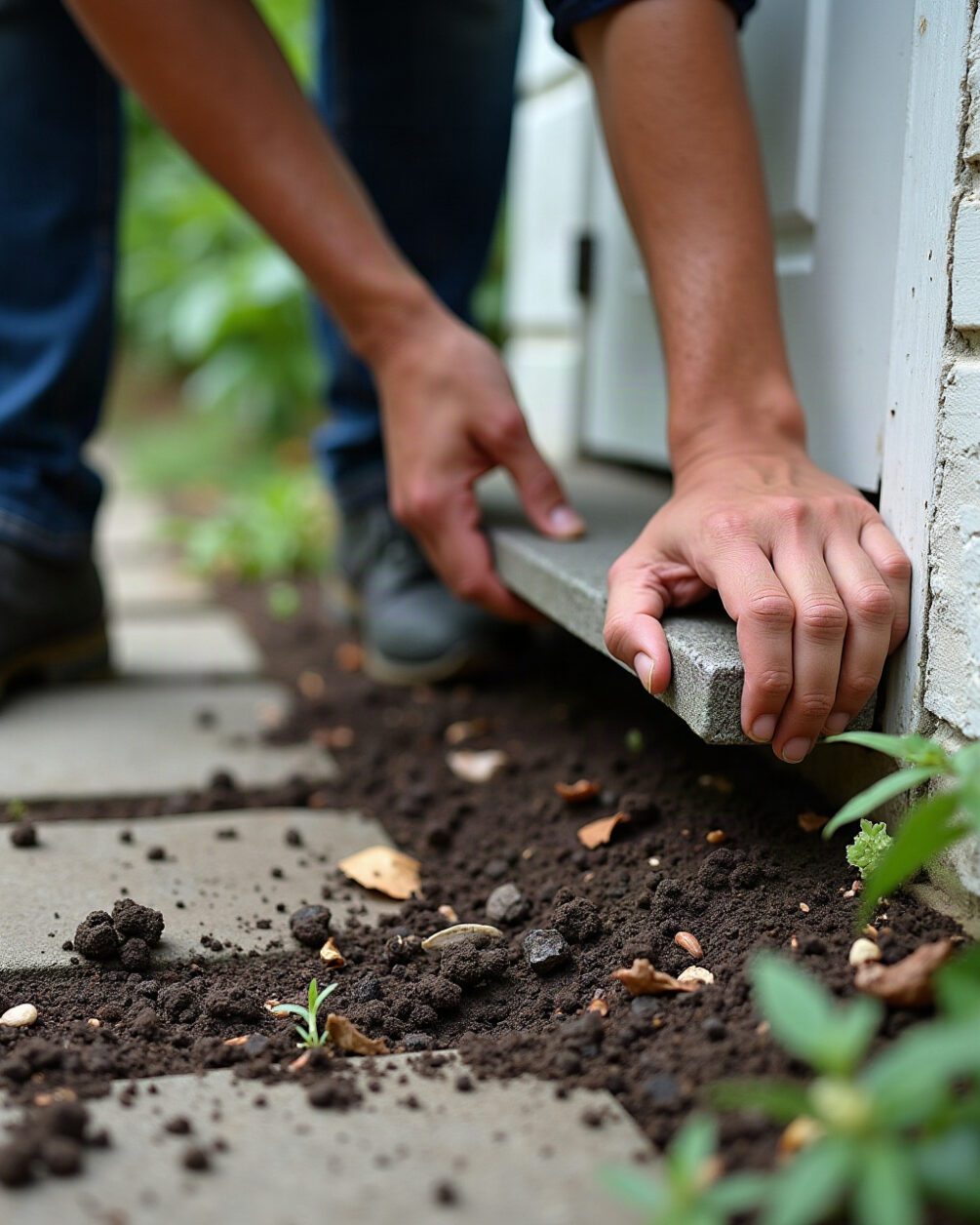 Hands lifting the edge of a paving slab beside a house wall to reveal dark damp soil and leaf litter