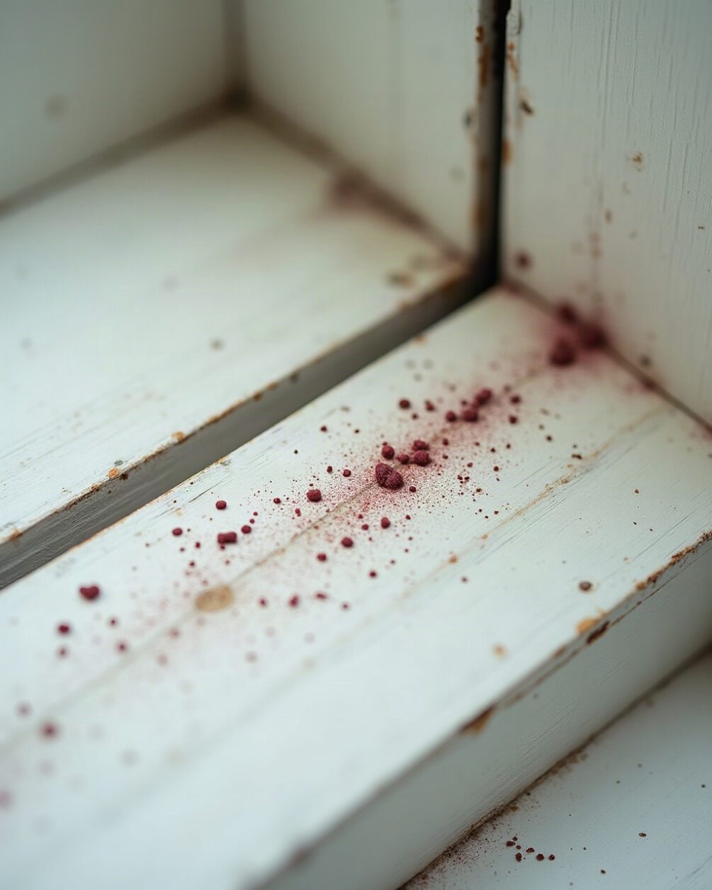 Close view of a pale painted windowsill in spring daylight