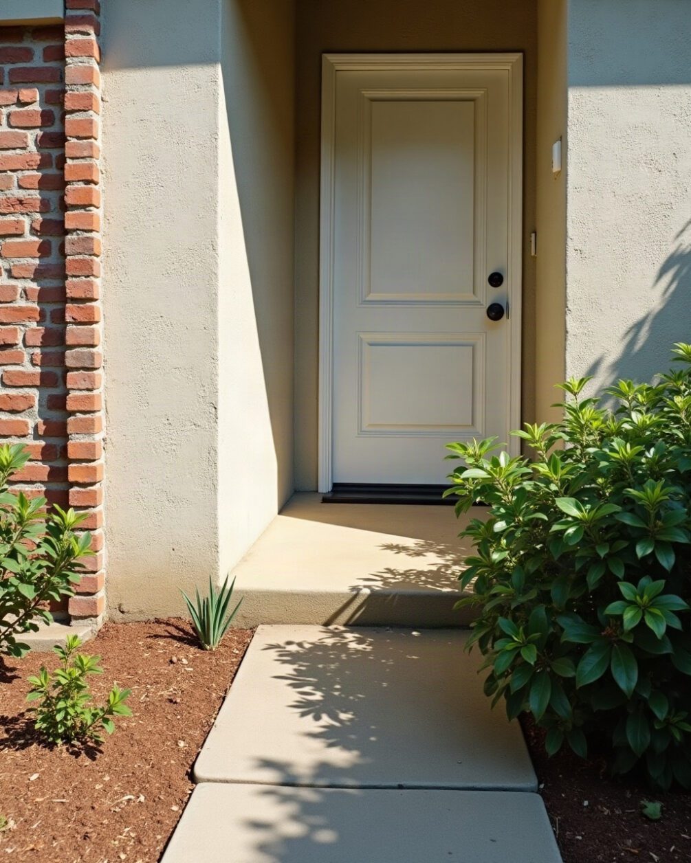 Exterior house wall meeting a concrete path in sunshine