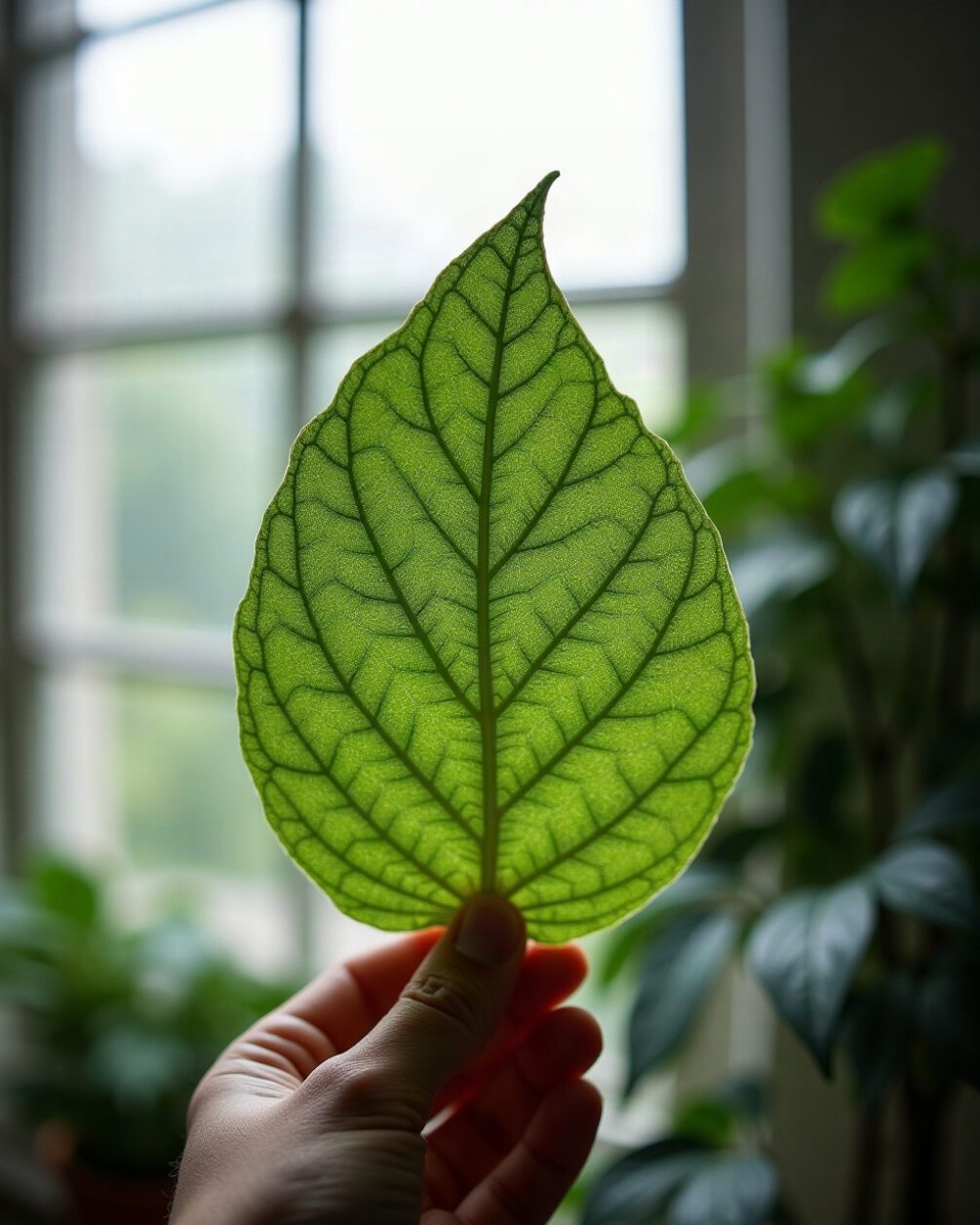 Underside of a houseplant leaf held up toward a window, fine pale stippling visible on the leaf surface