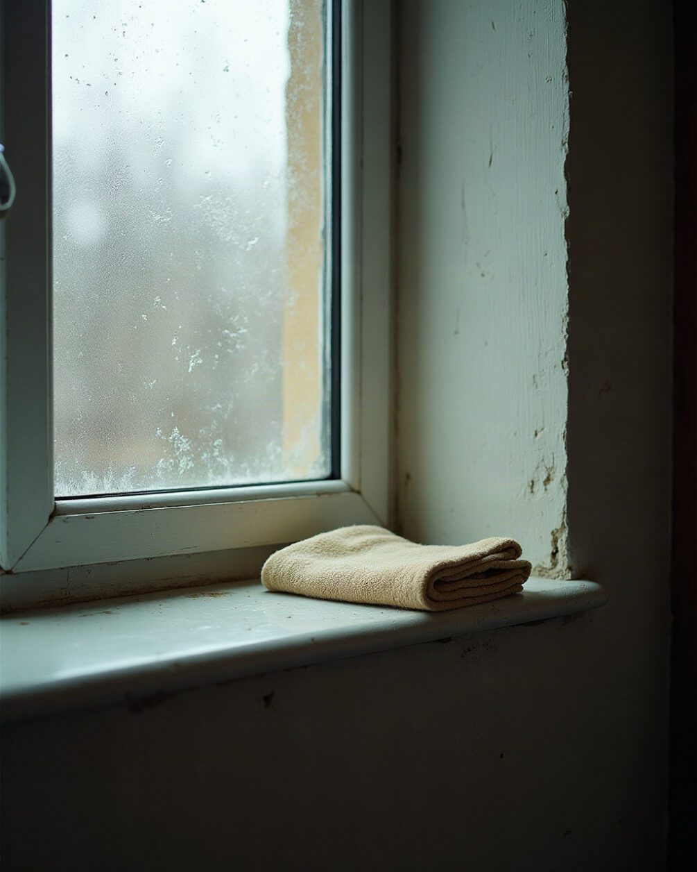 Corner of a bathroom windowsill with visible condensation on the glass above