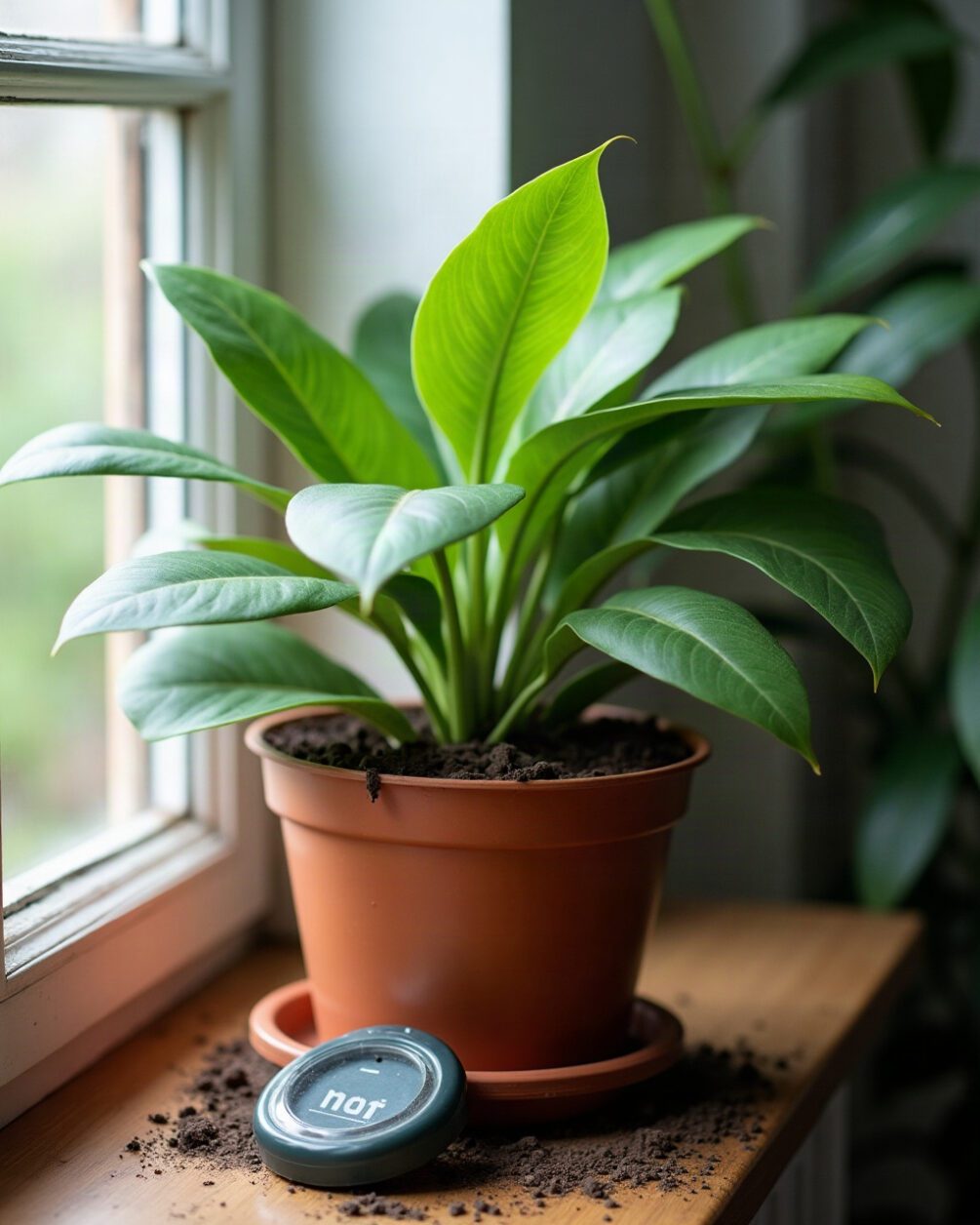 Houseplant on a windowsill with dark damp compost surface, a moisture meter probe resting beside the pot