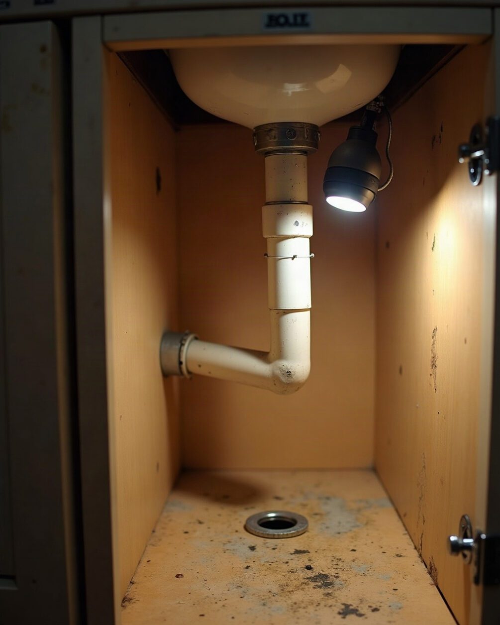 Under-sink cupboard opened to show a pipe joint and slightly swollen chipboard base