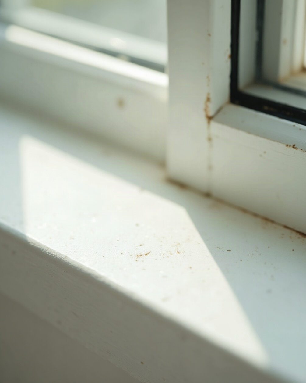 Close macro of a pale windowsill in bright daylight with a few very small pale specks along the paint edge
