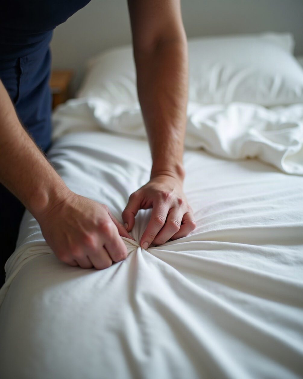 Hands turning back a white fitted sheet at a mattress seam under torch light, plain white bedding