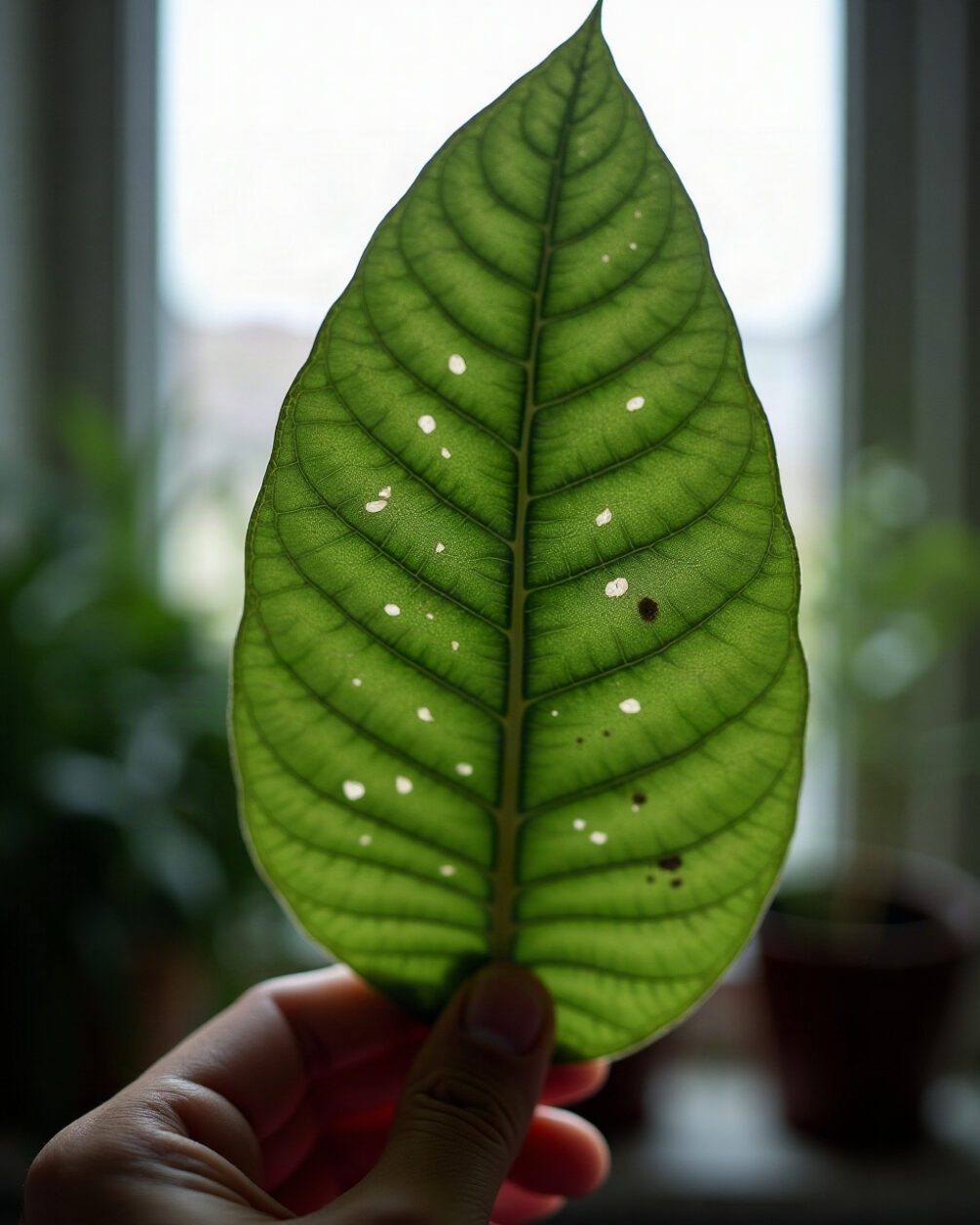 Underside of a houseplant leaf held toward a window, small pale clusters along the leaf vein