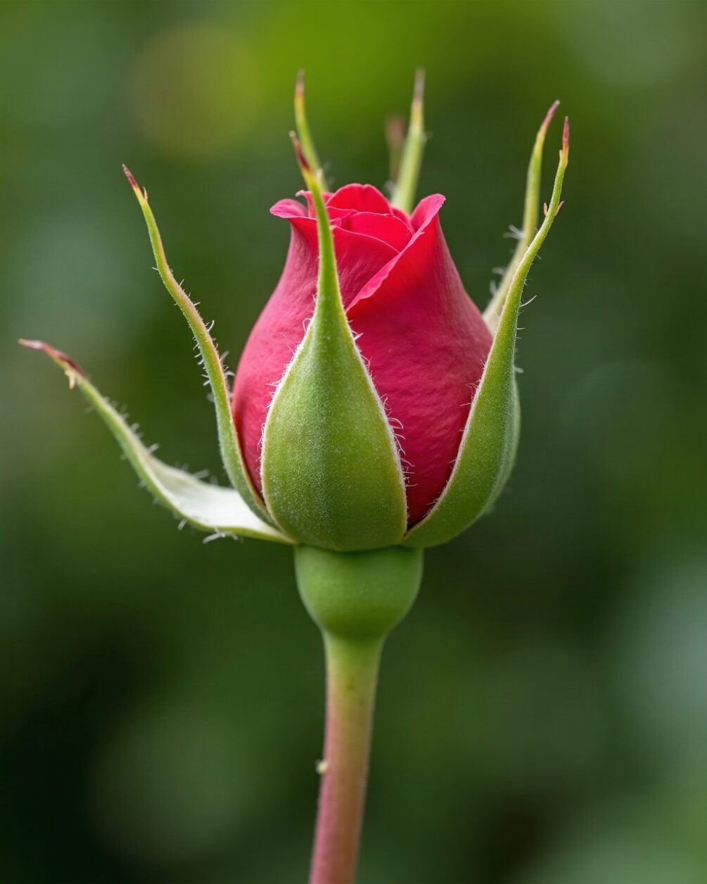 Close view of a rose shoot tip in daylight with dense clustering along the stem, green foliage blurred behind