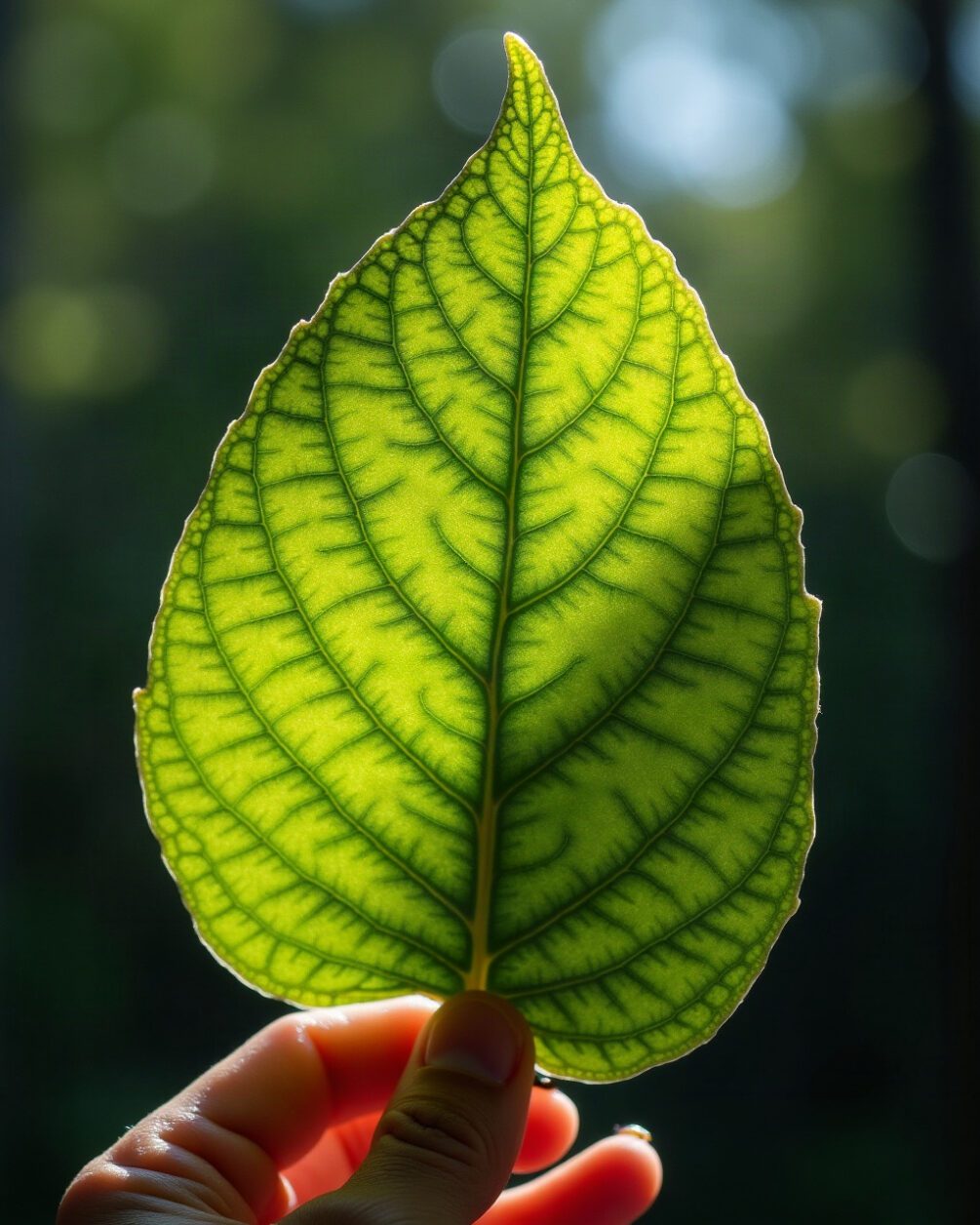 Underside of a broad green leaf held up toward the light by a hand at the edge of frame