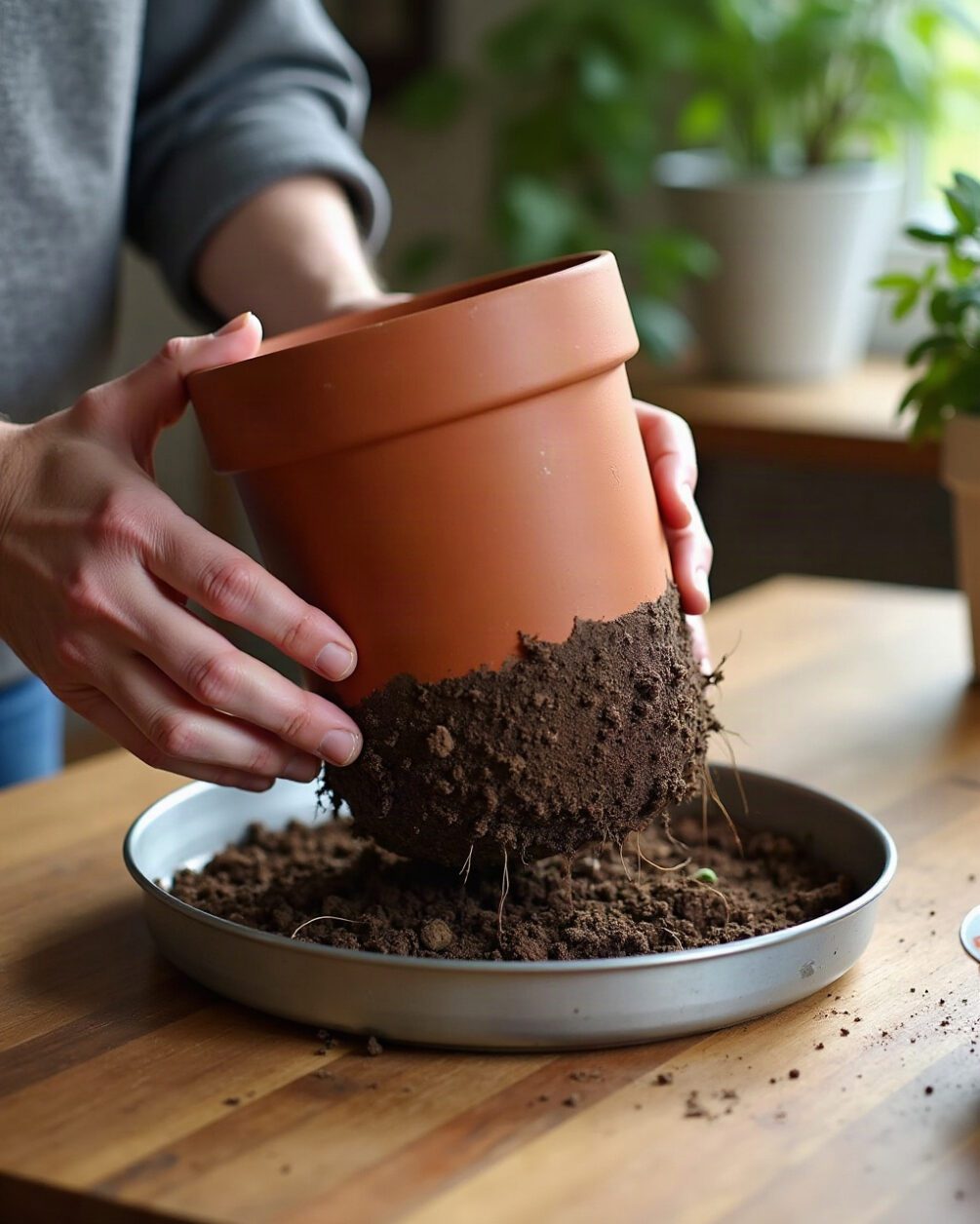 Hands tipping a plain terracotta pot sideways over a shallow metal tray to slide out the root ball