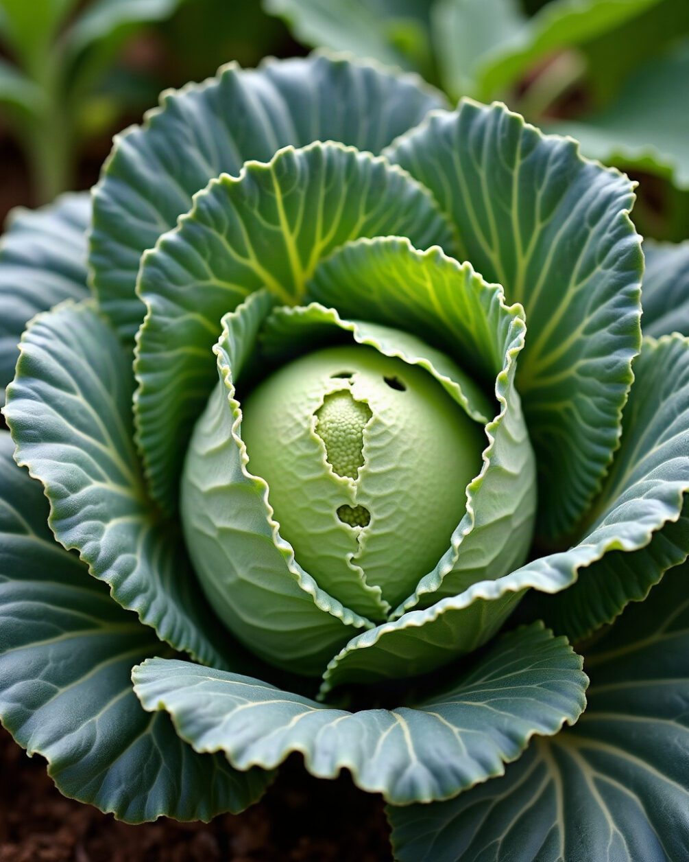 Close view of a cabbage leaf in a vegetable bed with irregular holes eaten through it, green foliage behind