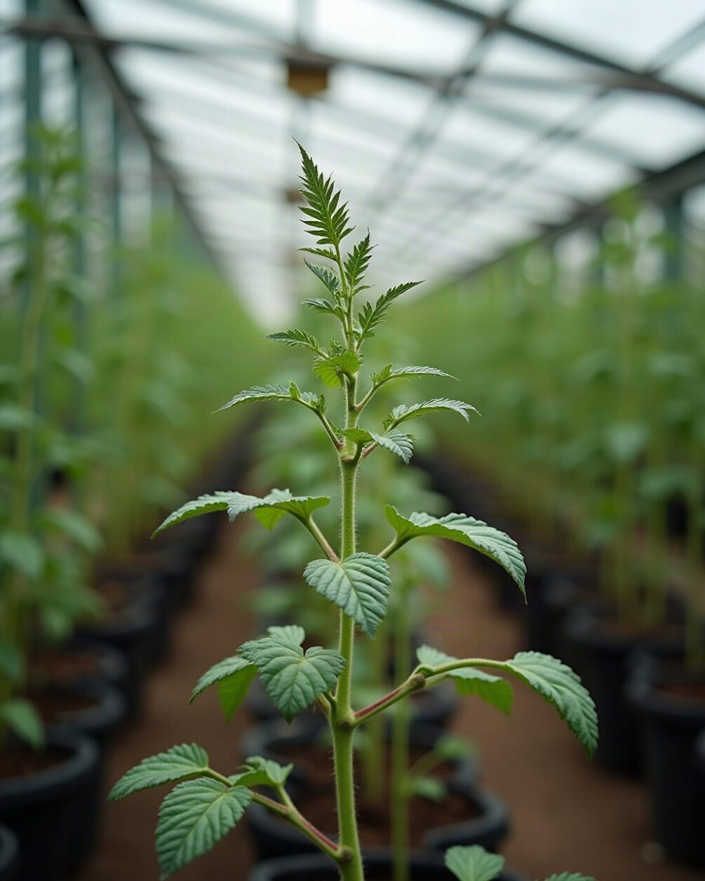 A tomato plant stem and leaves in a greenhouse with bare stripped stalks at one branch