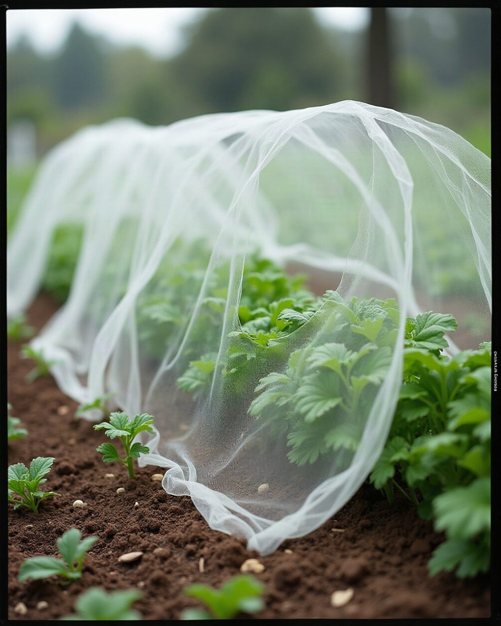 Fine insect netting draped over a row of low vegetable plants and secured at the soil, plain garden scene