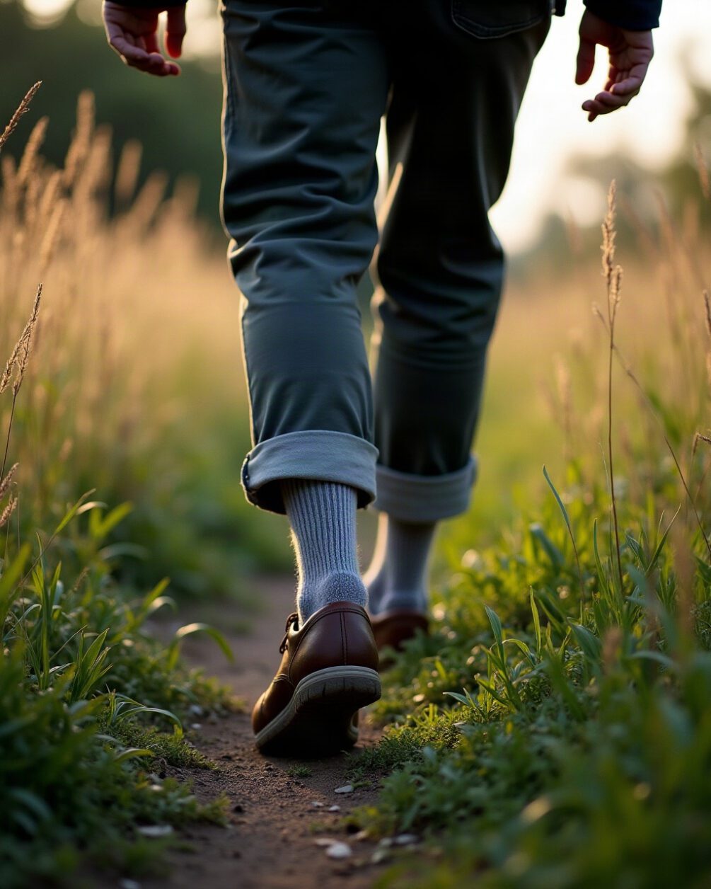 Walking trousers with cuffs tucked into socks beside long grass at the edge of a path, late afternoon outdoor light