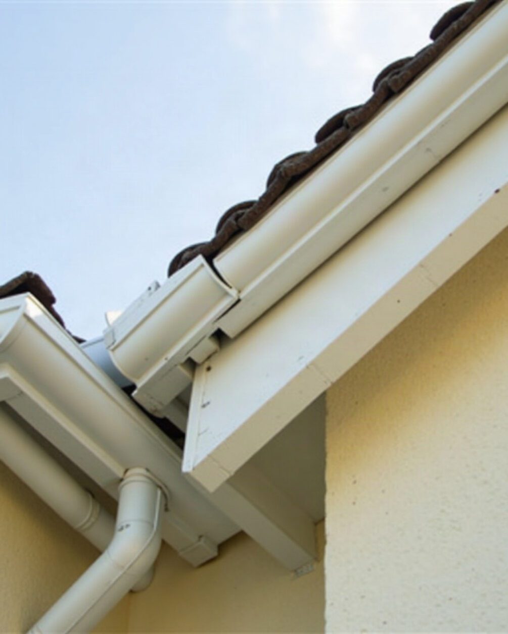 Roof soffit and fascia seen from below with a small gap where the boards meet