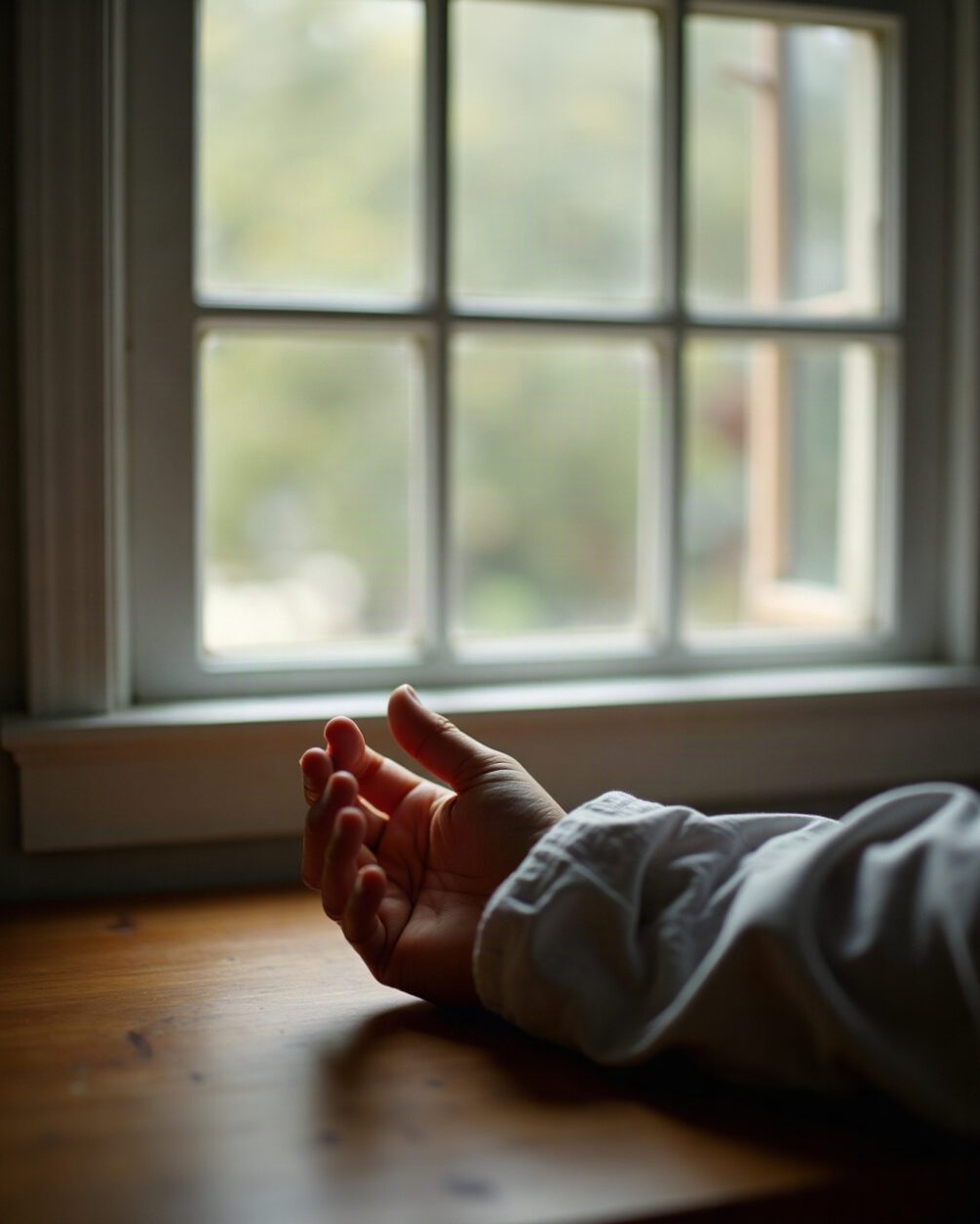 A forearm resting on a plain wooden table in soft window light, sleeve pushed up, intact healthy skin