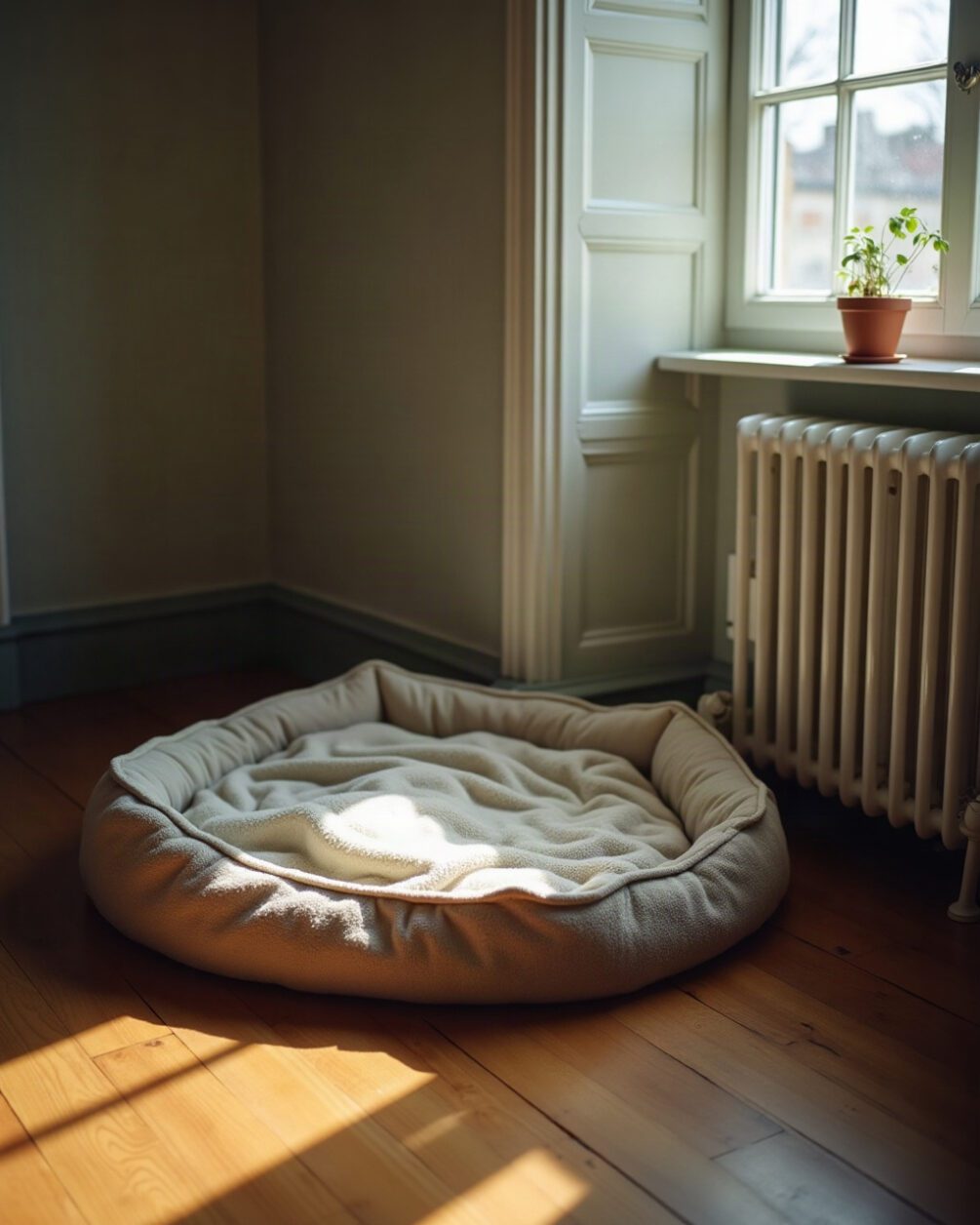 A dog bed and folded blanket on a wooden floor beside a radiator, late afternoon light across the fabric