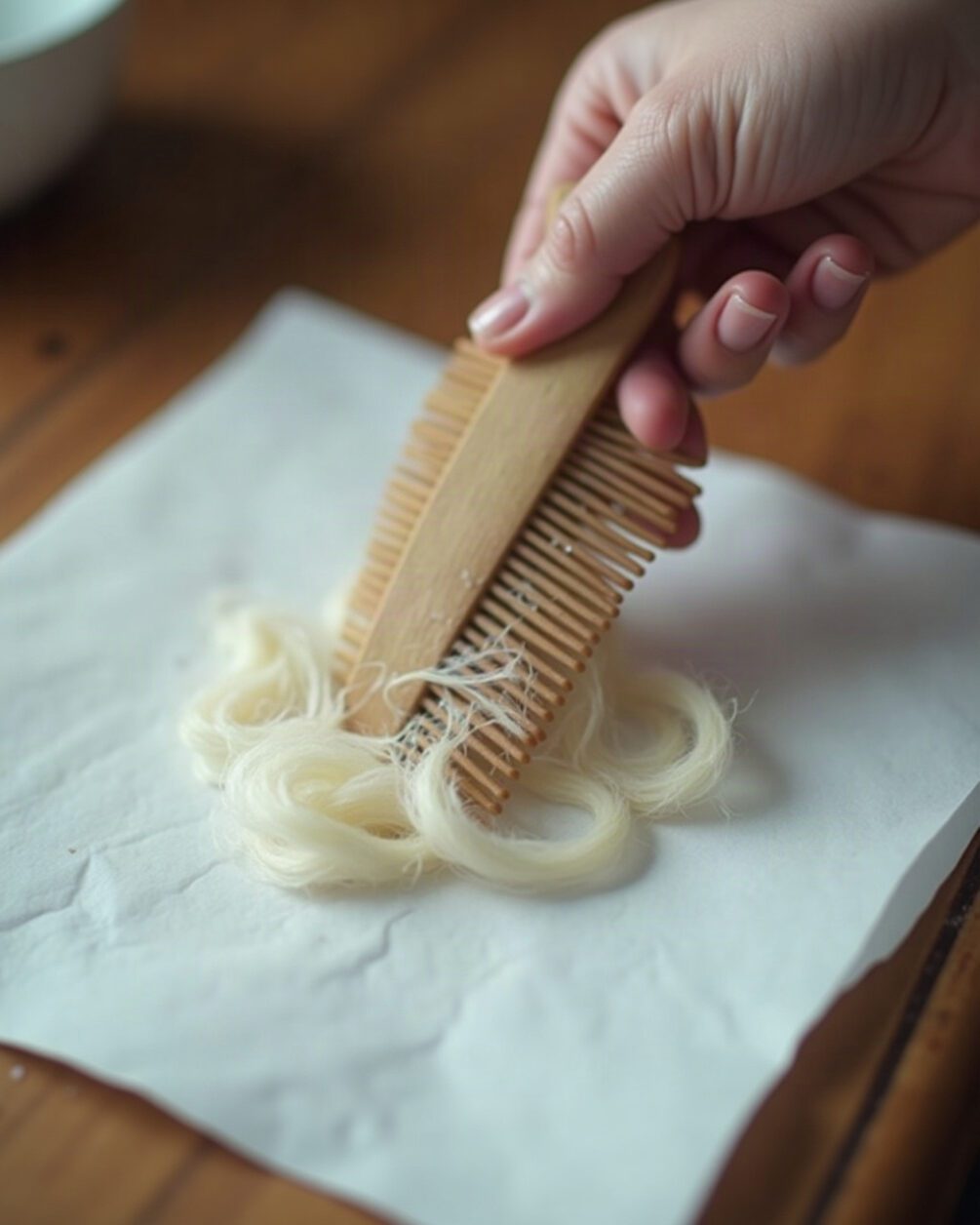 A fine-toothed comb being wiped onto a sheet of damp white paper over a kitchen counter, loose pale hair visible