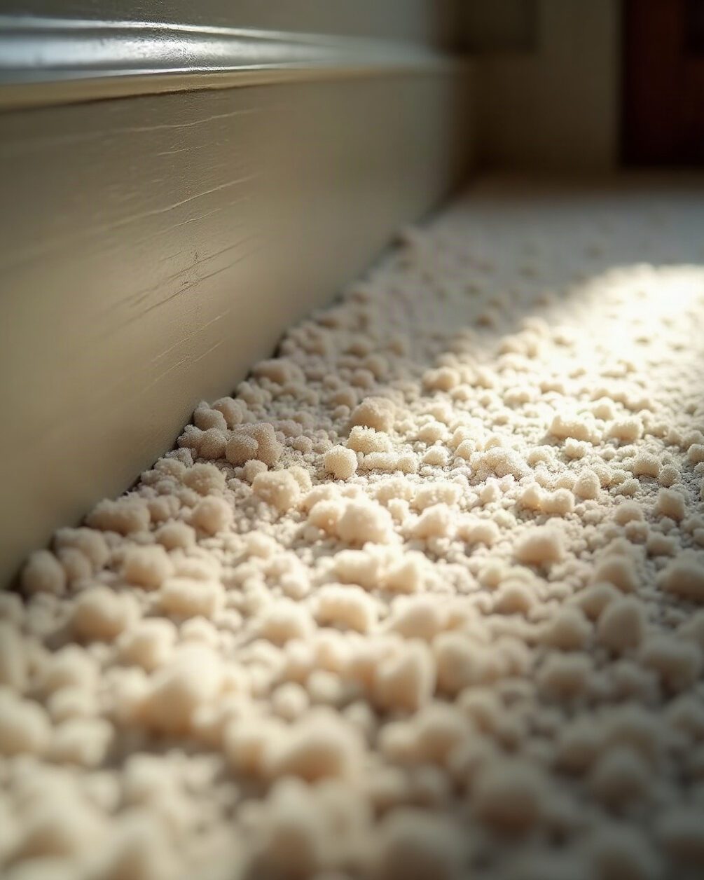 Close view of a pale carpet in raking window light near a skirting board, fine dust and fibre in the pile