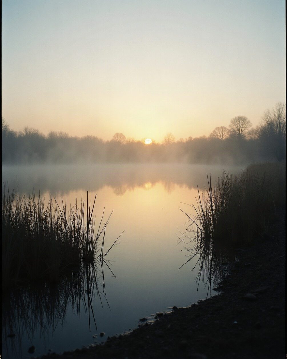 A still pond edge at dusk with reeds and low mist over the water, warm fading light, plain outdoor scene