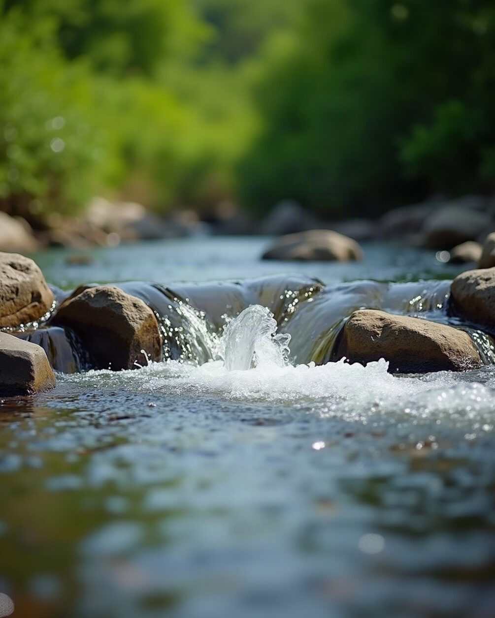 A fast shallow stream running over stones in bright daylight, green bank behind, plain outdoor scene