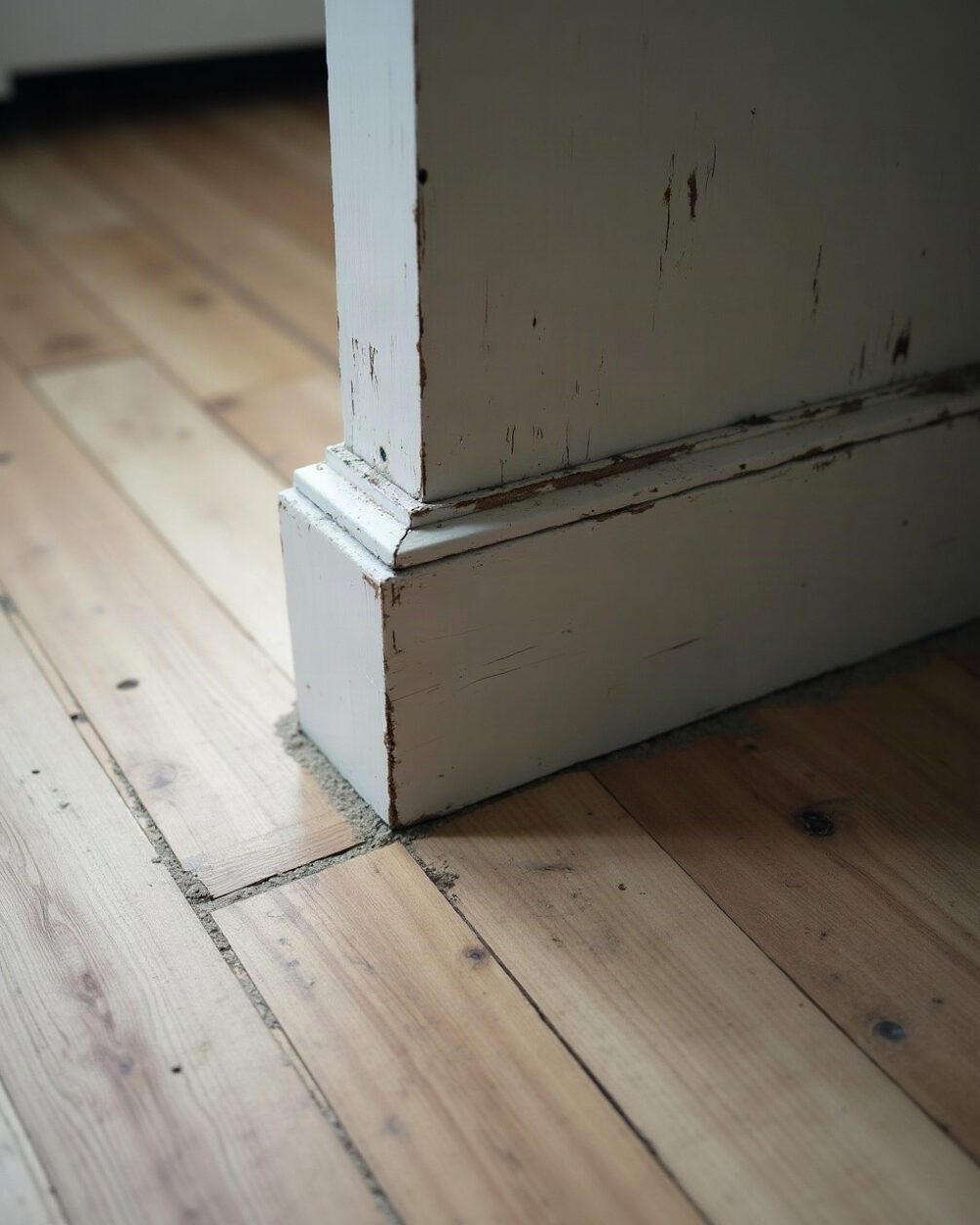 Kitchen floor and skirting board junction under a torch beam, a small gap visible where the board meets the floor