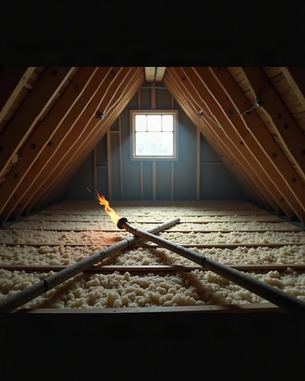 Loft interior with insulation between joists and a torch beam across it, dim daylight from a vent
