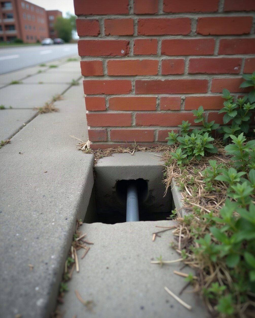 Exterior brick wall meeting a concrete path with a small gap around a pipe penetration