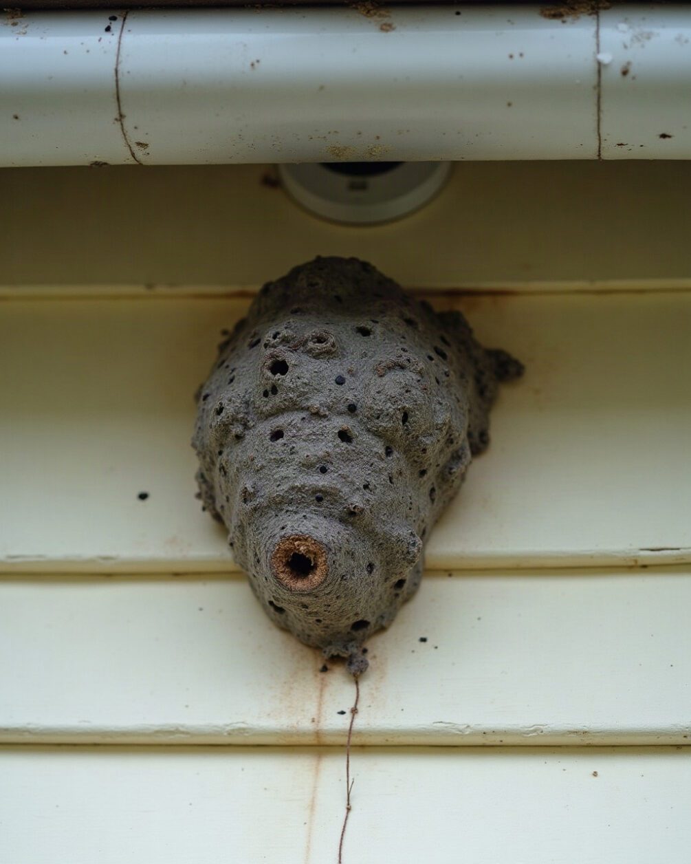A grey papery wasp nest tucked under the eaves of a house seen from below in daylight