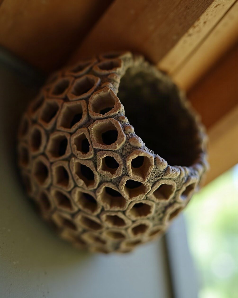 Close view of a small open-celled paper nest attached under a wooden garden shed roof, hexagonal cells visible