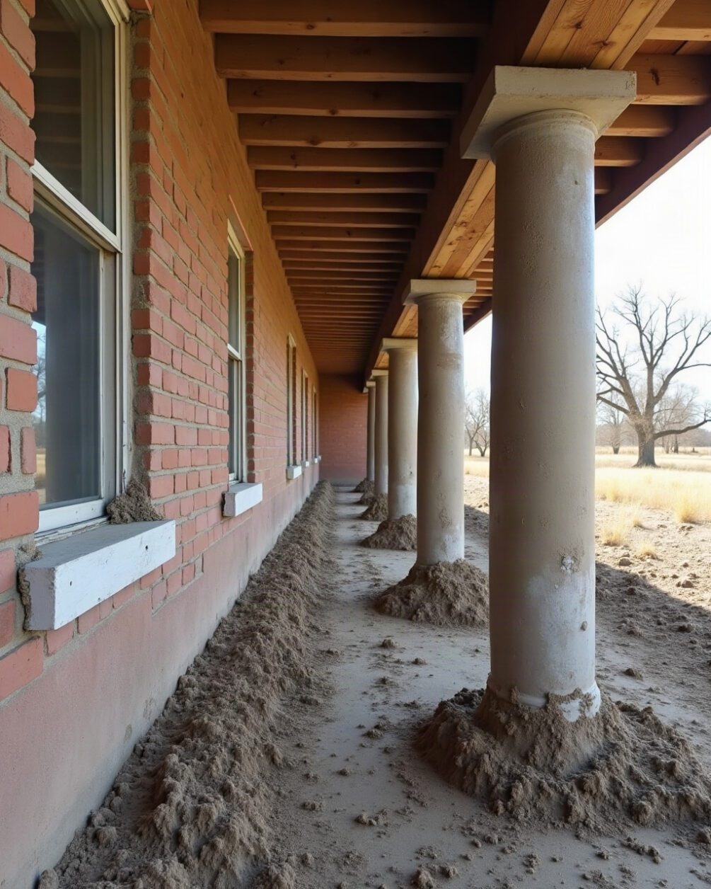 Dried mud tubes built along a brick wall under a porch overhang in daylight, plain exterior detail