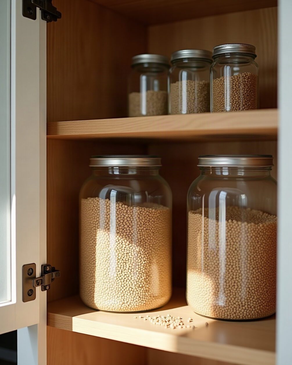 Open kitchen cupboard shelf in soft daylight with plain glass jars of dry grains and a few loose grains on the