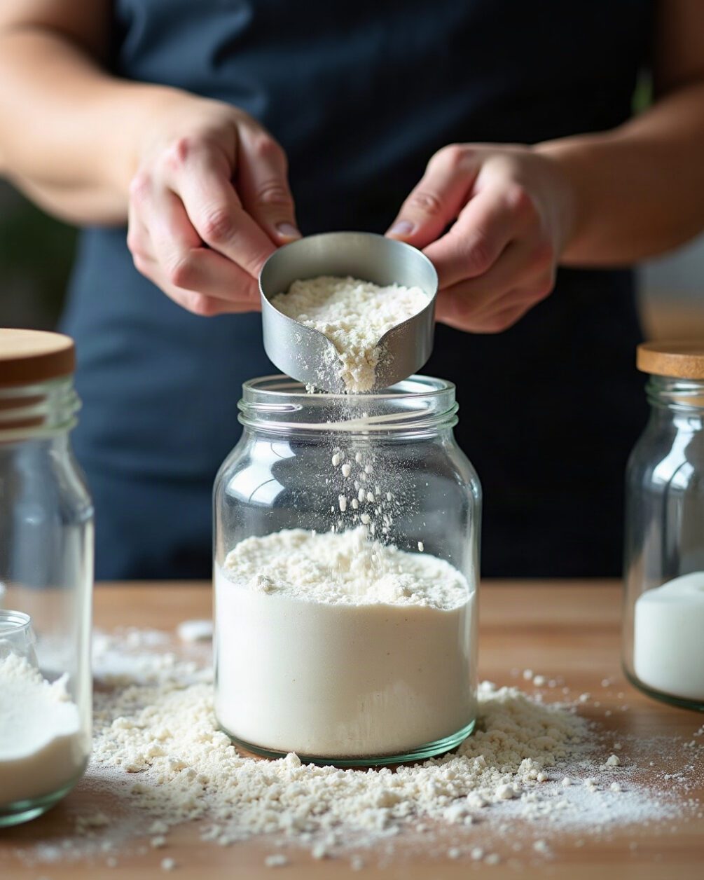 Hands emptying flour from a metal scoop into a clear glass storage jar over a kitchen counter
