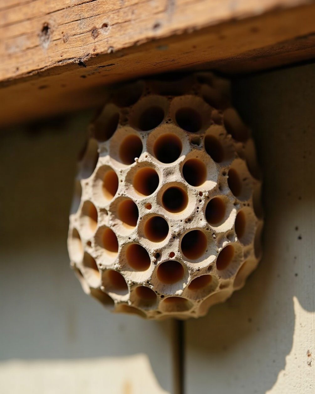 Close view of a small open-celled paper wasp nest attached under a wooden shed roof