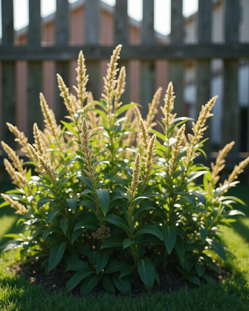 Garden shrubbery in late summer sunlight with a wooden fence behind, plain outdoor scene