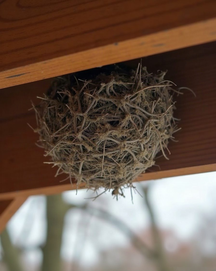 A grey papery layered nest structure attached beneath a wooden eave seen from below, autumn sky behind