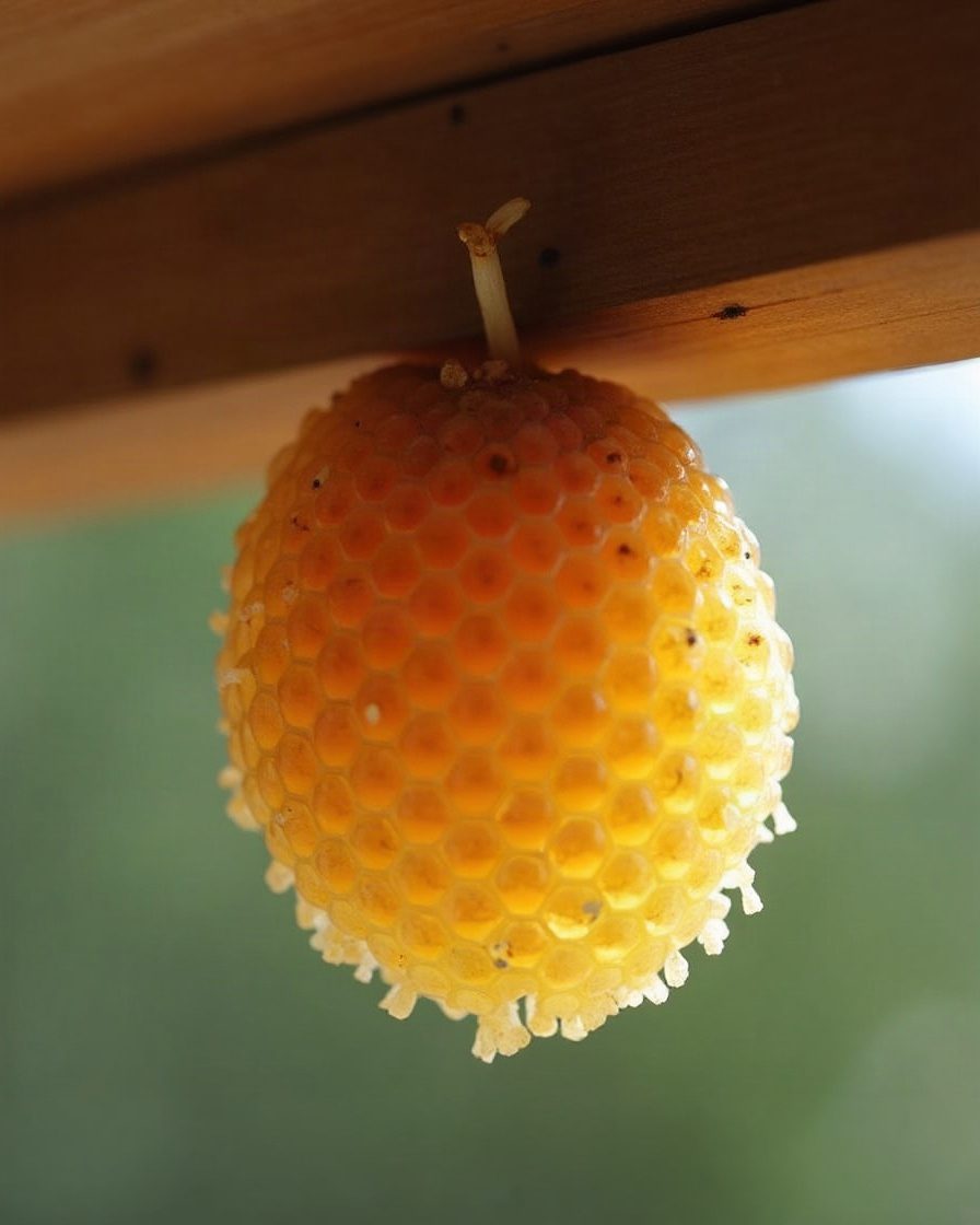 A small open comb of hexagonal cells attached by a short stalk under a wooden beam, cells visible from below