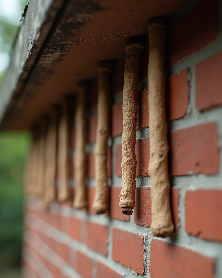 Several finger-length dried mud tubes attached side by side to a sheltered brick wall under an overhang