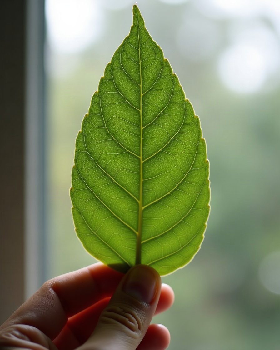 The underside of a plant leaf held toward a window showing fine pale stippling across the surface and faint
