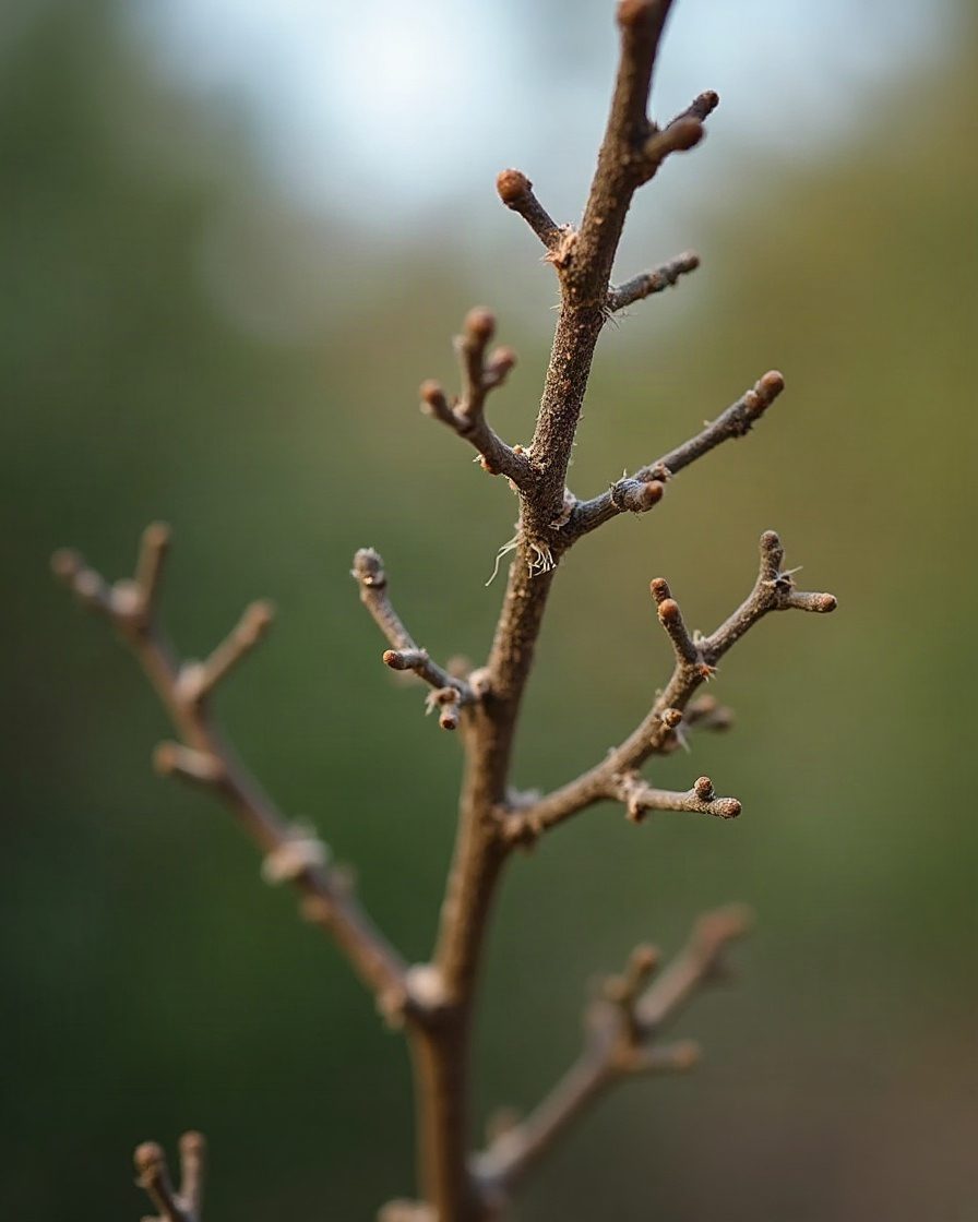 A shrub branch in a garden with several shoots bound together by coarse dense webbing, plain outdoor scene