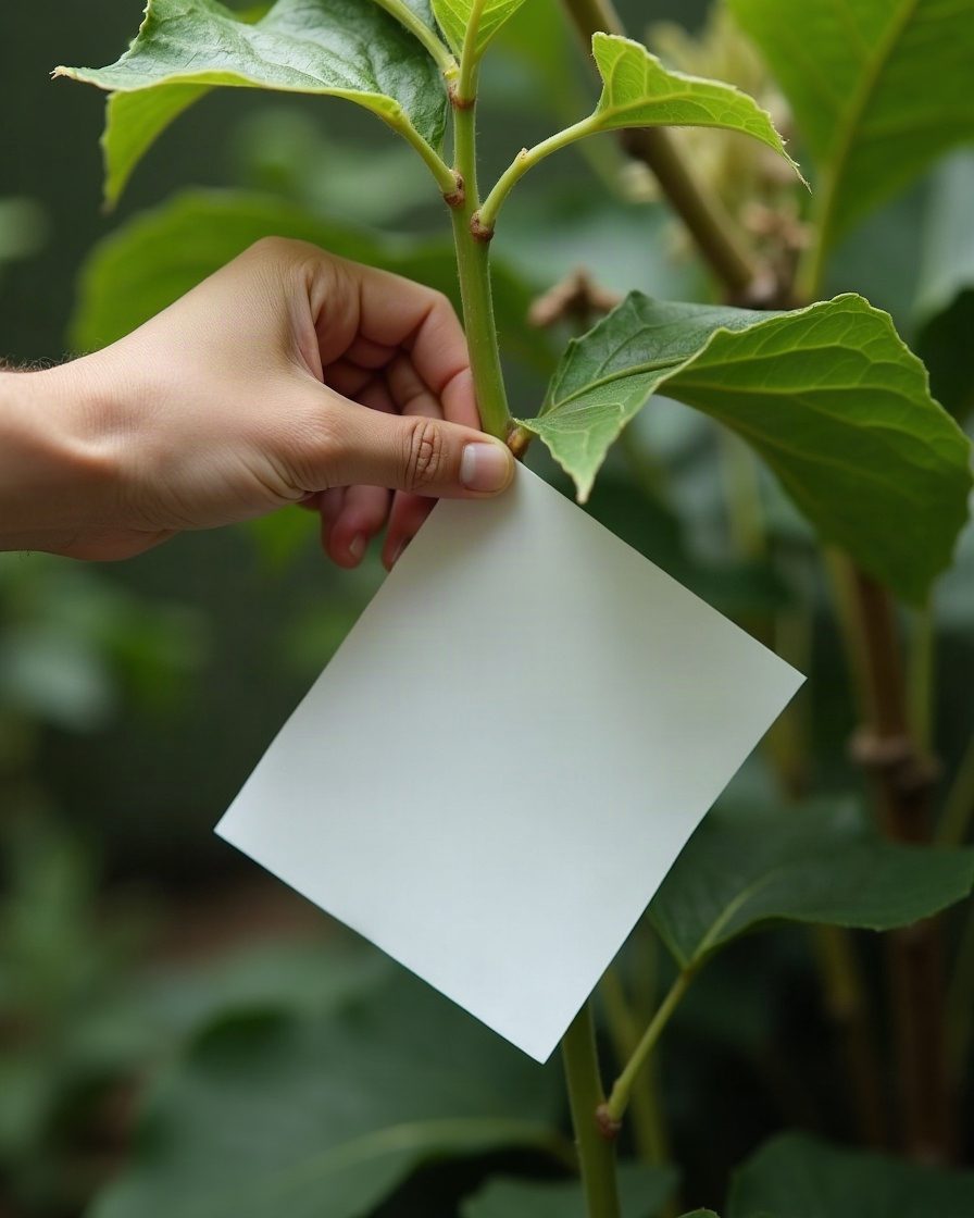 A sheet of white paper held beneath a plant leaf while a hand taps the stem above, garden setting in daylight