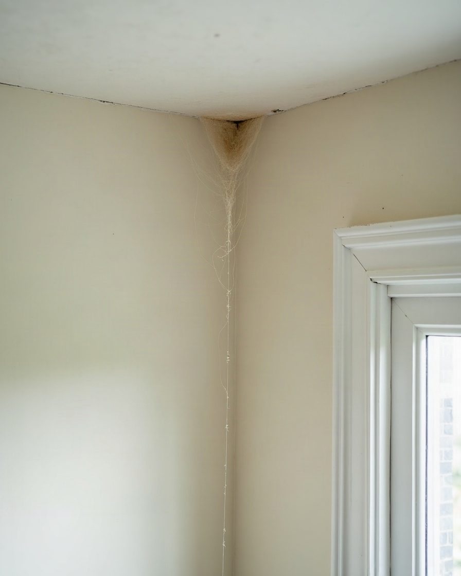A white ceiling corner meeting two walls in daylight with a dusty tangled cobweb strand hanging in the angle